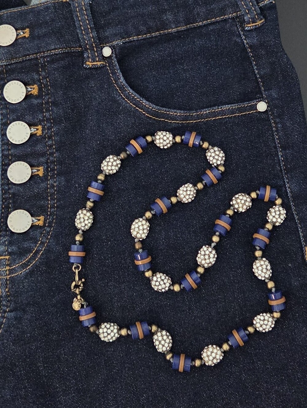 J. Crew Navy Blue & Gold Beaded Rhinestone Crystal Pave Necklace